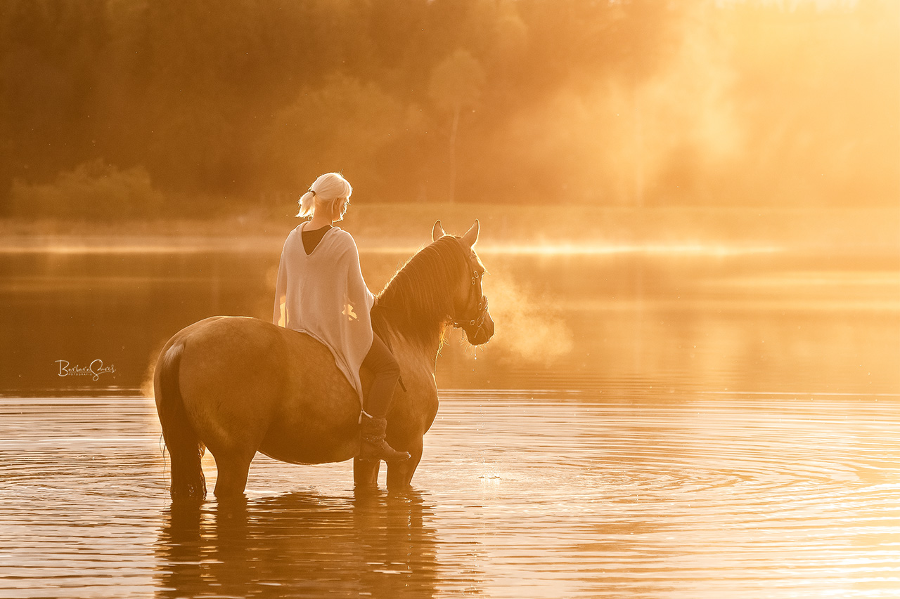 Frau steht mit ihrem Pferd im Wasser eines Sees