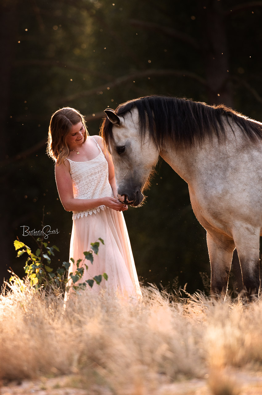 Junge Frau steht vor ihrem Pferd auf einer sonnendurchfluteten Wiese