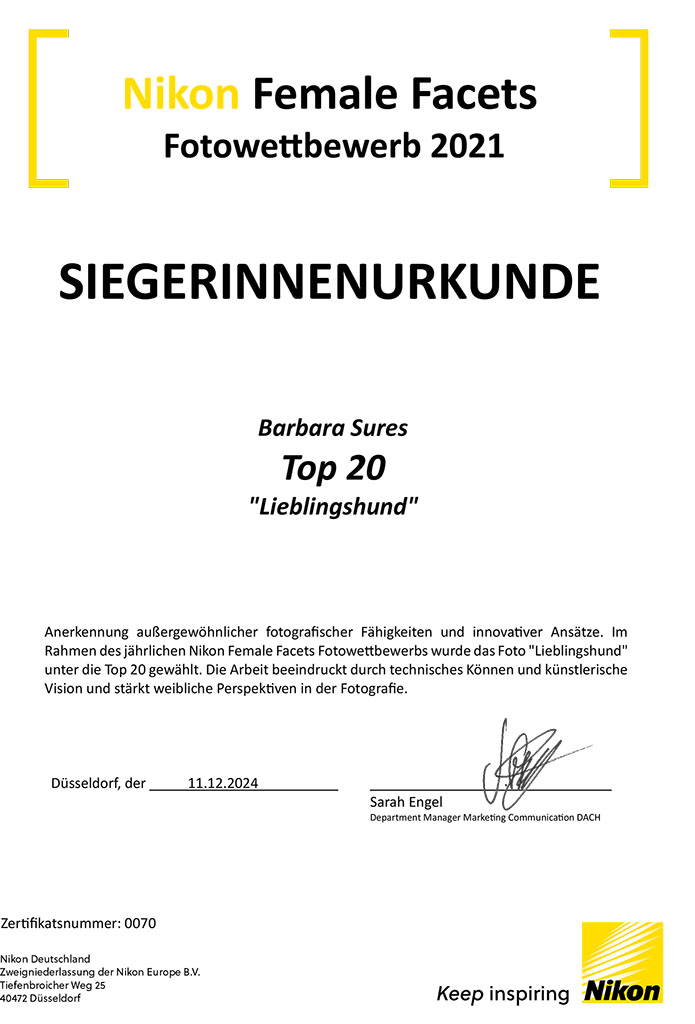 Siegerurkunde für den Nikon Wettbewerb zum Lieblingshund